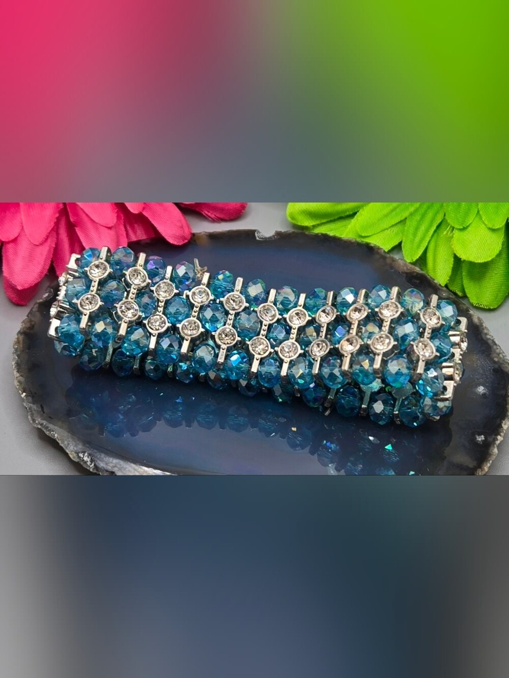 Blue Faceted Crystal AB Stretch Bracelet Clear Crystal Accents Sizes 6 - 6½